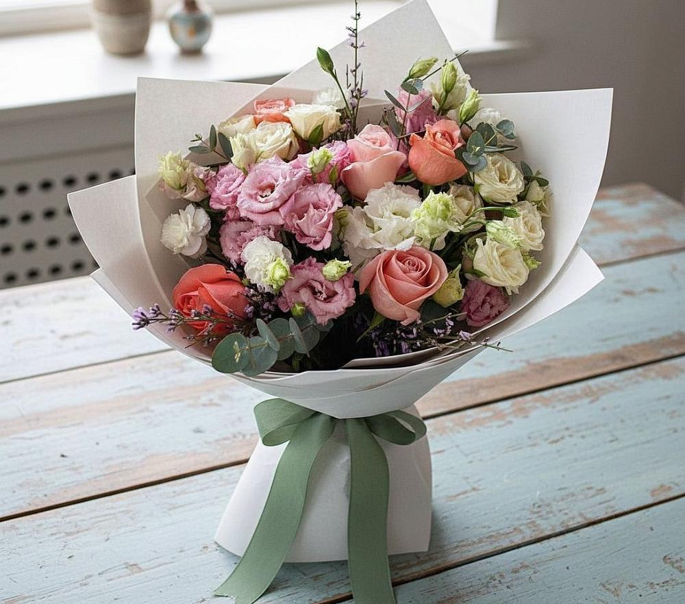 Букет цветов из: Розы, Лизиантусы и Гвоздики в Котласе